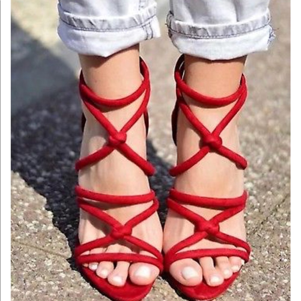 NWT Zara Red Knotted Faux Suede High Heel Sandals - Picture 6 of 6